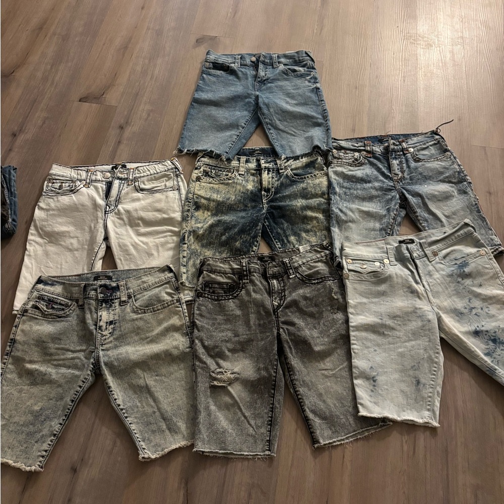 True Religion Men's Distressed Denim Shorts - Blue, Gray, and White